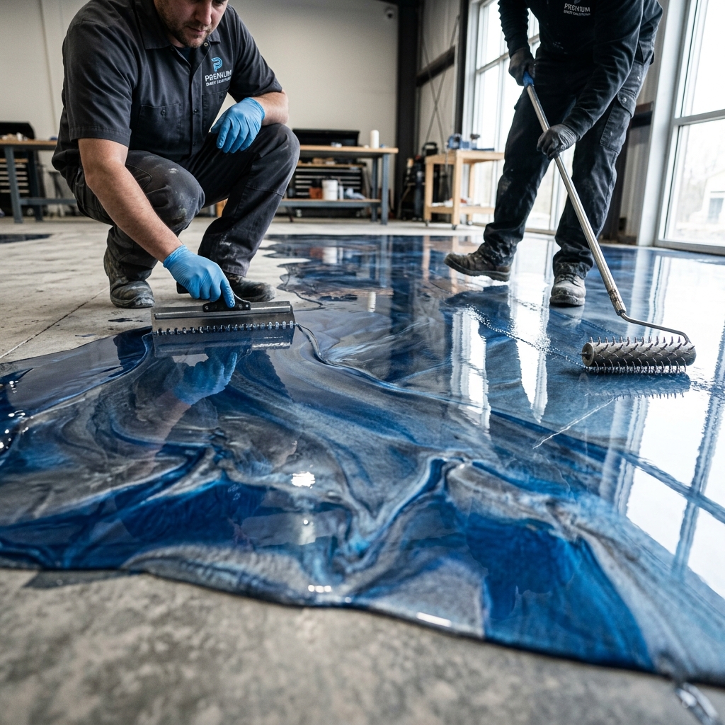 Bengal Flooring experts applying metallic epoxy resin